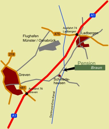 Anfahrtskizze zur Pension Braun